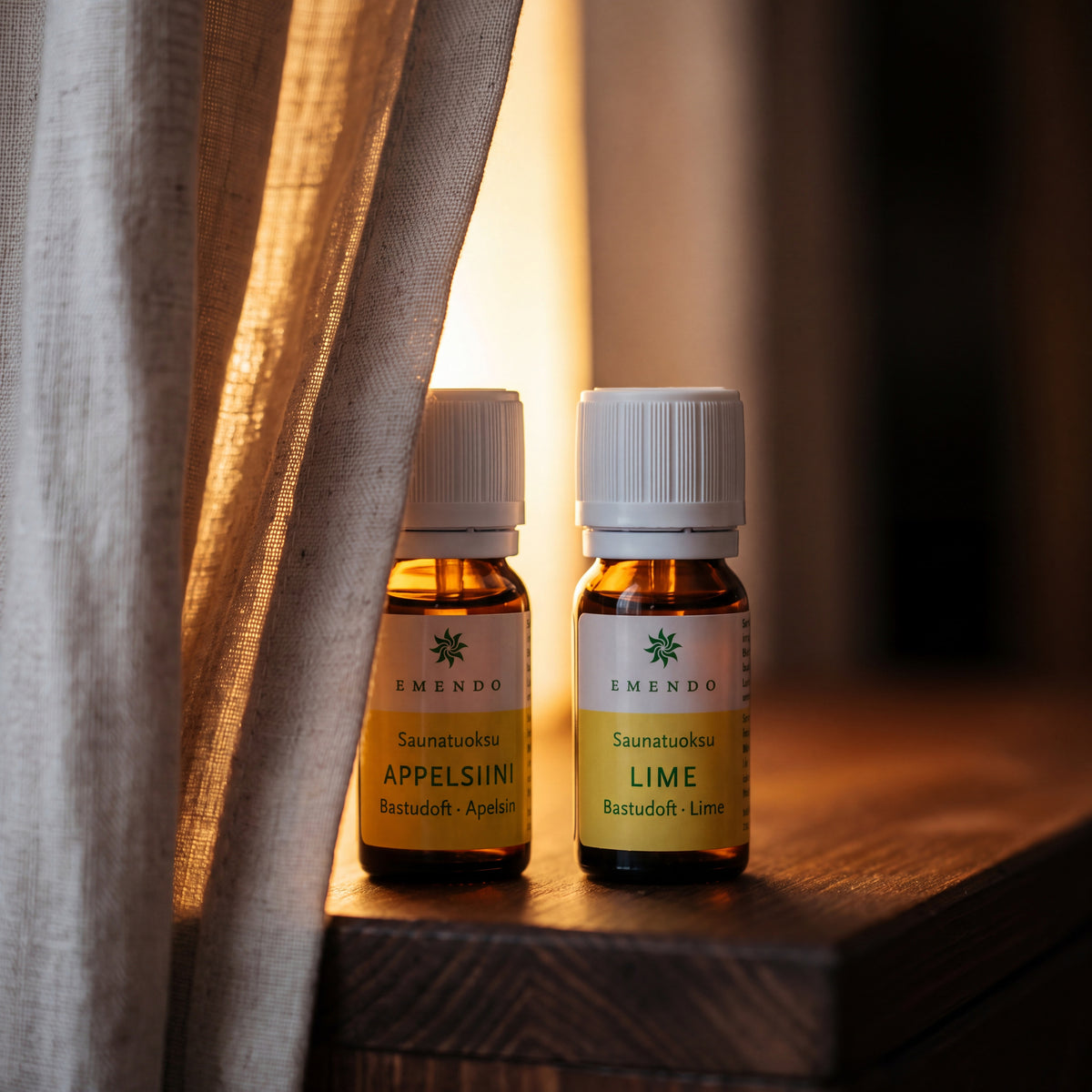 Emendo Orange & Lime Sauna Scents (2 x 10ml) - lifestyle by linen curtain