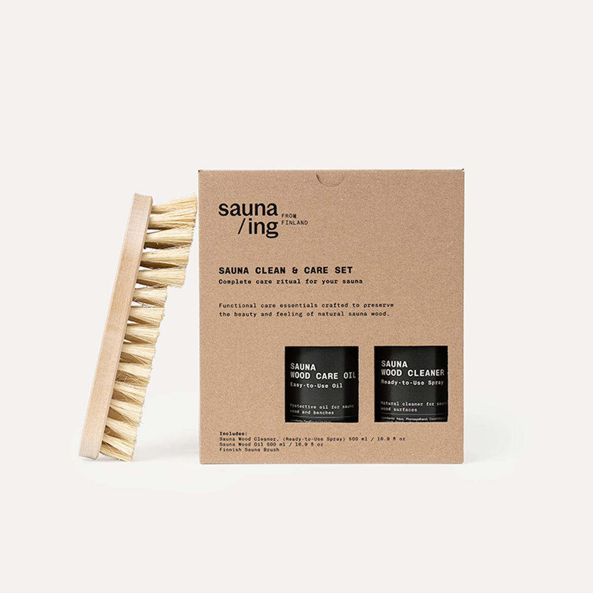 sauna/ing Sauna Clean & Care Set with wood cleaner spray, care oil and natural fibre brush in a kraft gift box