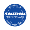 Blue badge with 'Member of Sauna from Finland' text on a white background