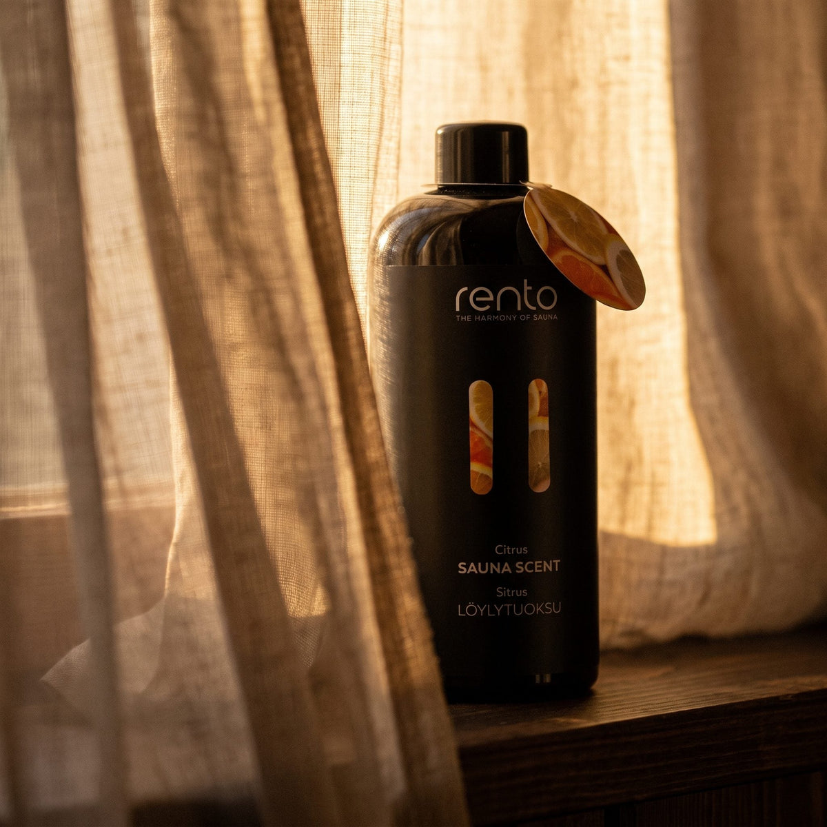 Rento Citrus Sauna Scent 400ml - lifestyle behind linen curtain