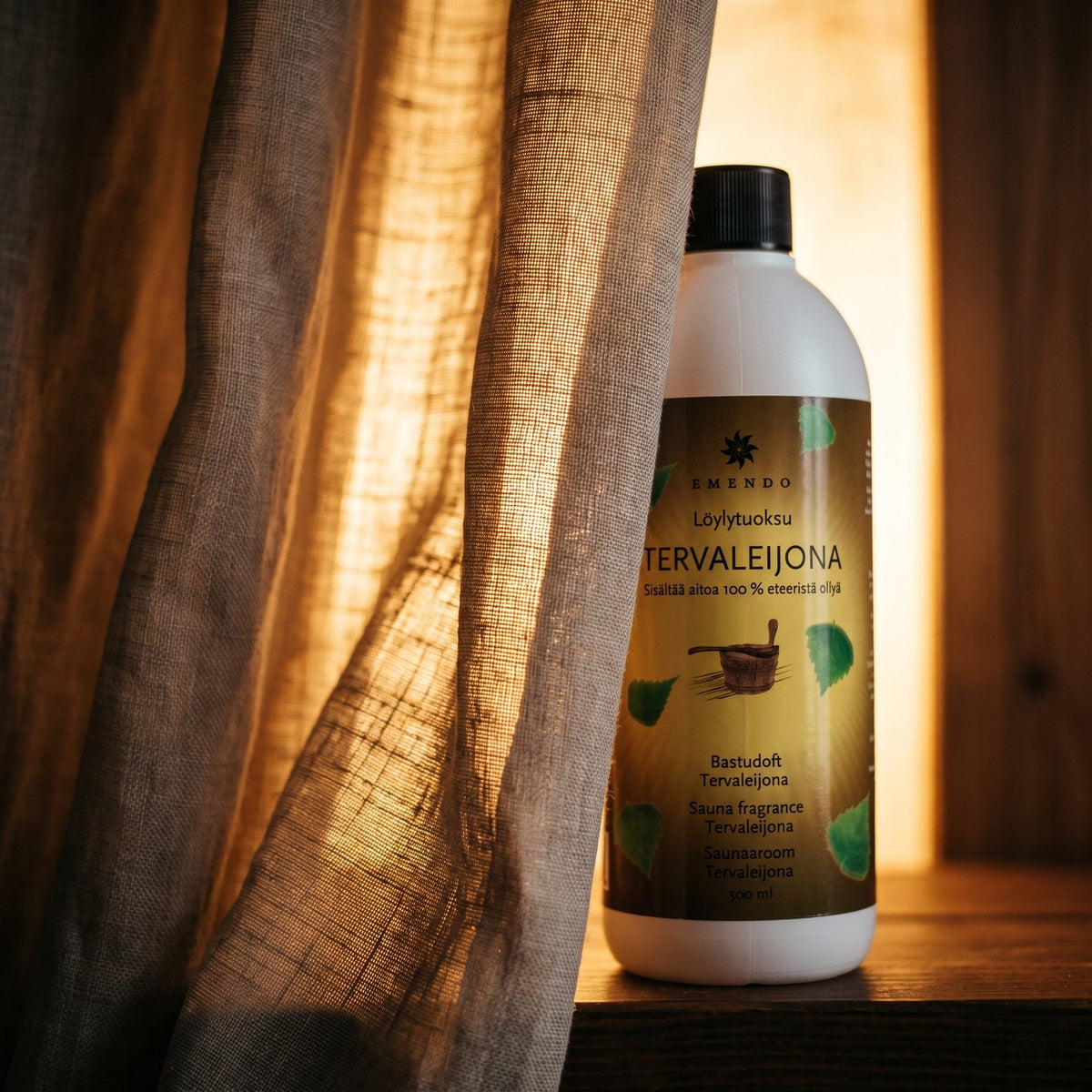 Emendo Tervaleijona Sauna Scent (500ml) - lifestyle behind linen curtain