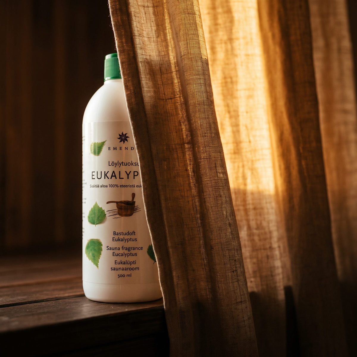 Emendo Eucalyptus Sauna Scent (500ml) - lifestyle behind linen curtain