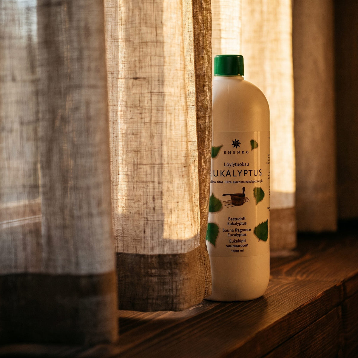 Emendo Eucalyptus Sauna Scent (1000ml) - lifestyle behind linen curtain
