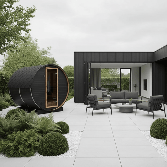 Thermo Wood Barrel Sauna - Regular Black (4 - 6 Person) Barrel Sauna | Finnmark Sauna