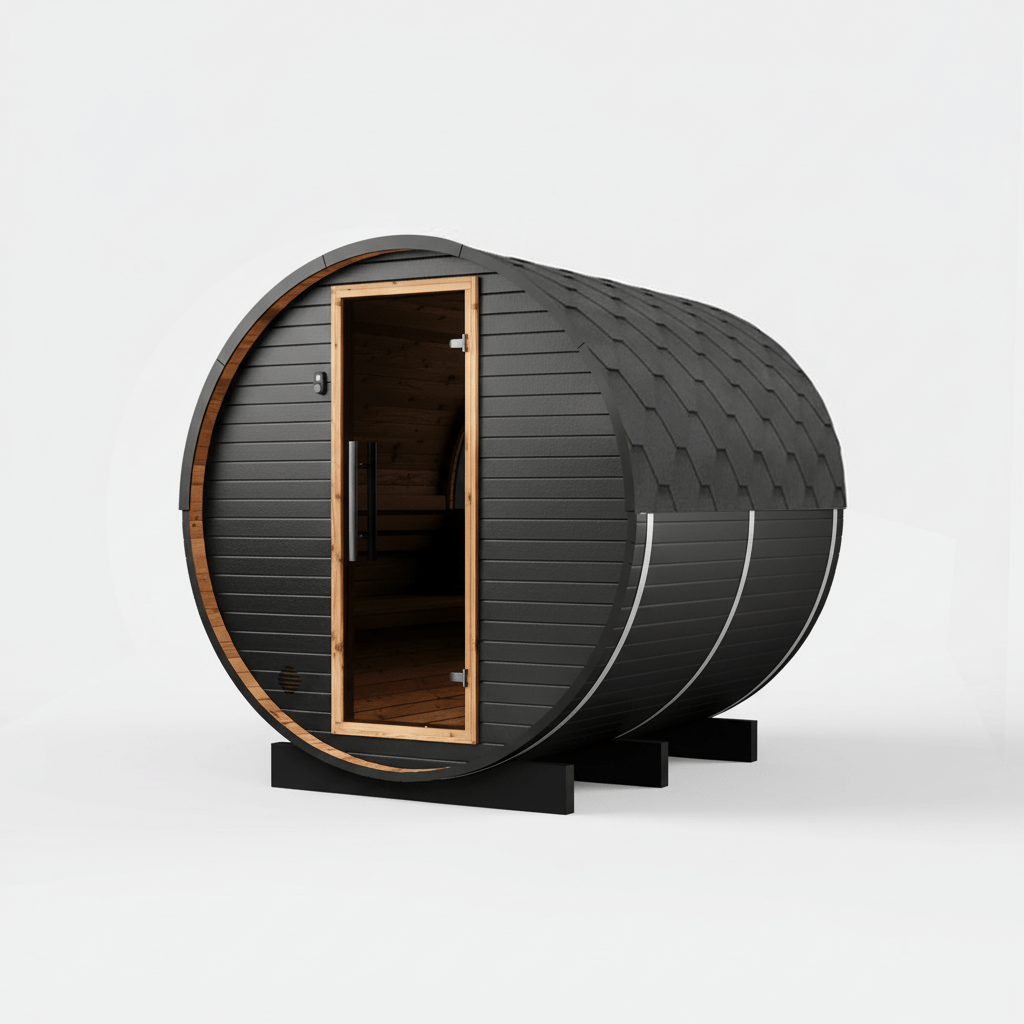 Thermo Wood Barrel Sauna - Regular Black (4 - 6 Person) Barrel Sauna | Finnmark Sauna