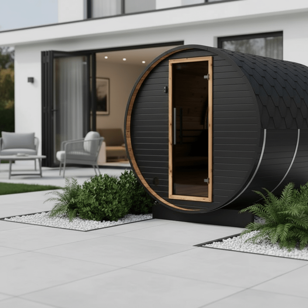 Thermo Wood Barrel Sauna - Regular Black (4 - 6 Person) Barrel Sauna | Finnmark Sauna