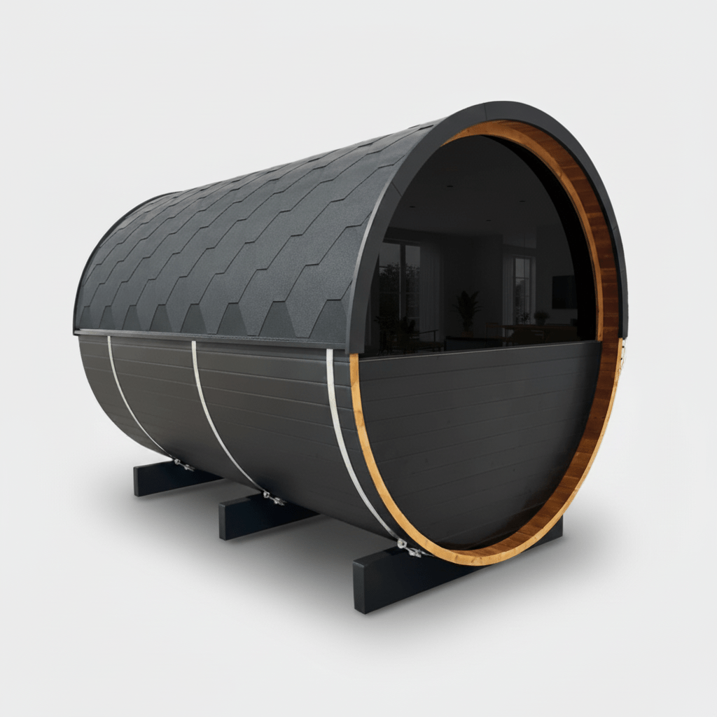 Thermo Wood Barrel Sauna - Regular Black (4 - 6 Person) Barrel Sauna | Finnmark Sauna