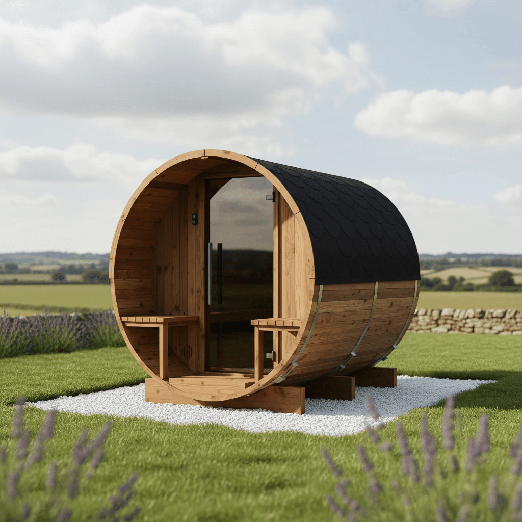 Thermo Wood Barrel Sauna - Small with Relaxation Terrace (2 - 4 Person) Barrel Sauna | Finnmark Sauna