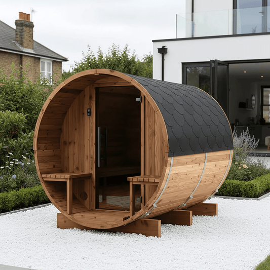 Small Wood Barrel Sauna with Relaxation Terrace (2-4 Person)