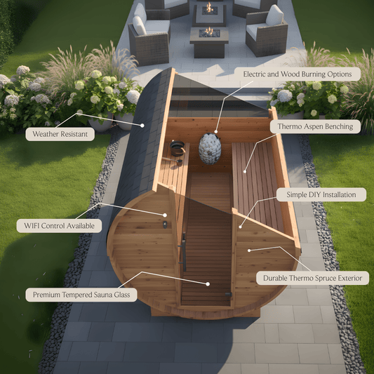 Thermo Wood Barrel Sauna with Window - Regular with Changing Room (4 - 6 Person) Barrel Sauna | Finnmark Sauna
