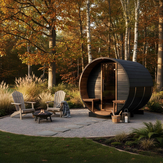 Wood Barrel Sauna with Relaxation Terrace (2-4 Person) in Black