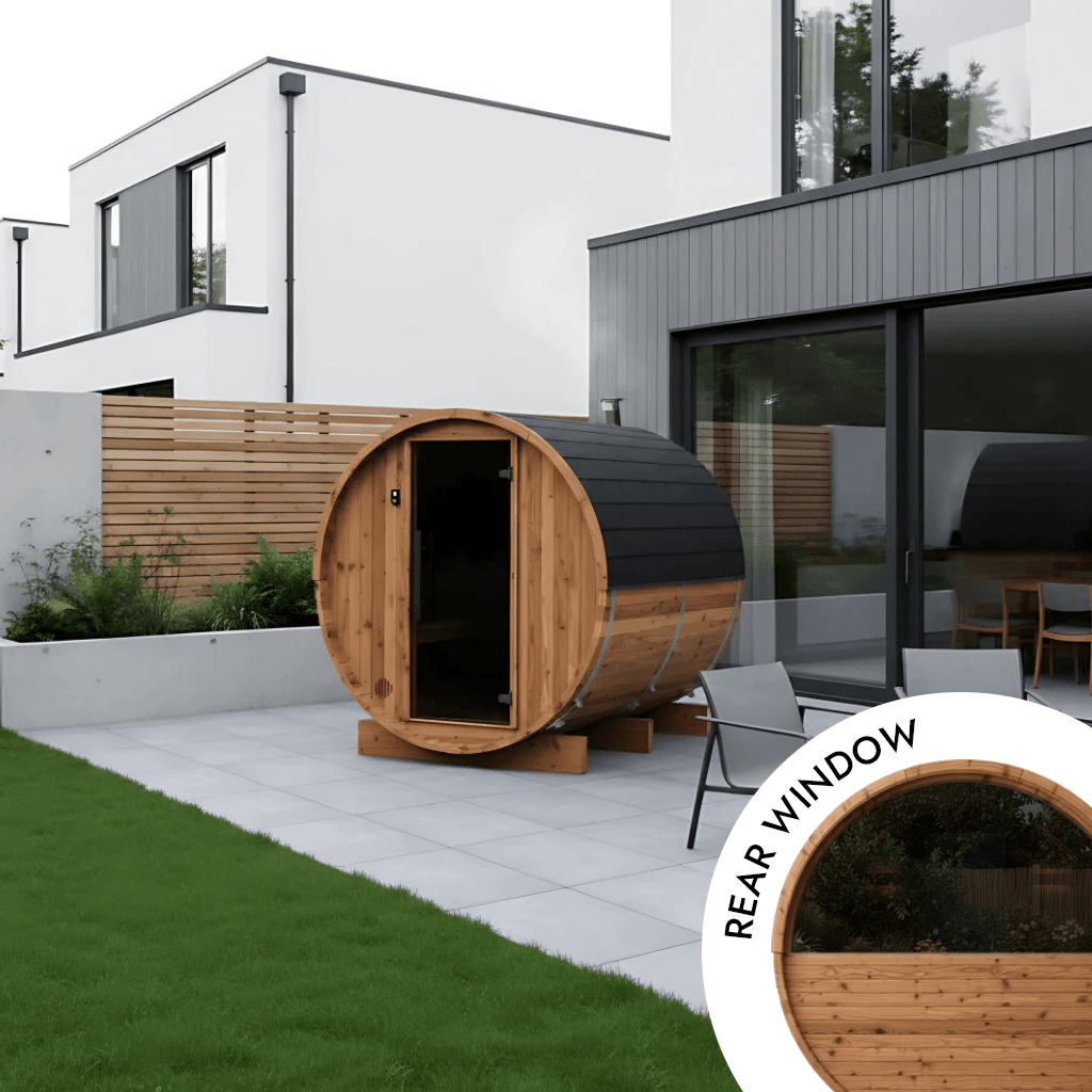 Thermo Wood Barrel Sauna with Window - Small (2 - 4 Person) Barrel Sauna | Finnmark Sauna