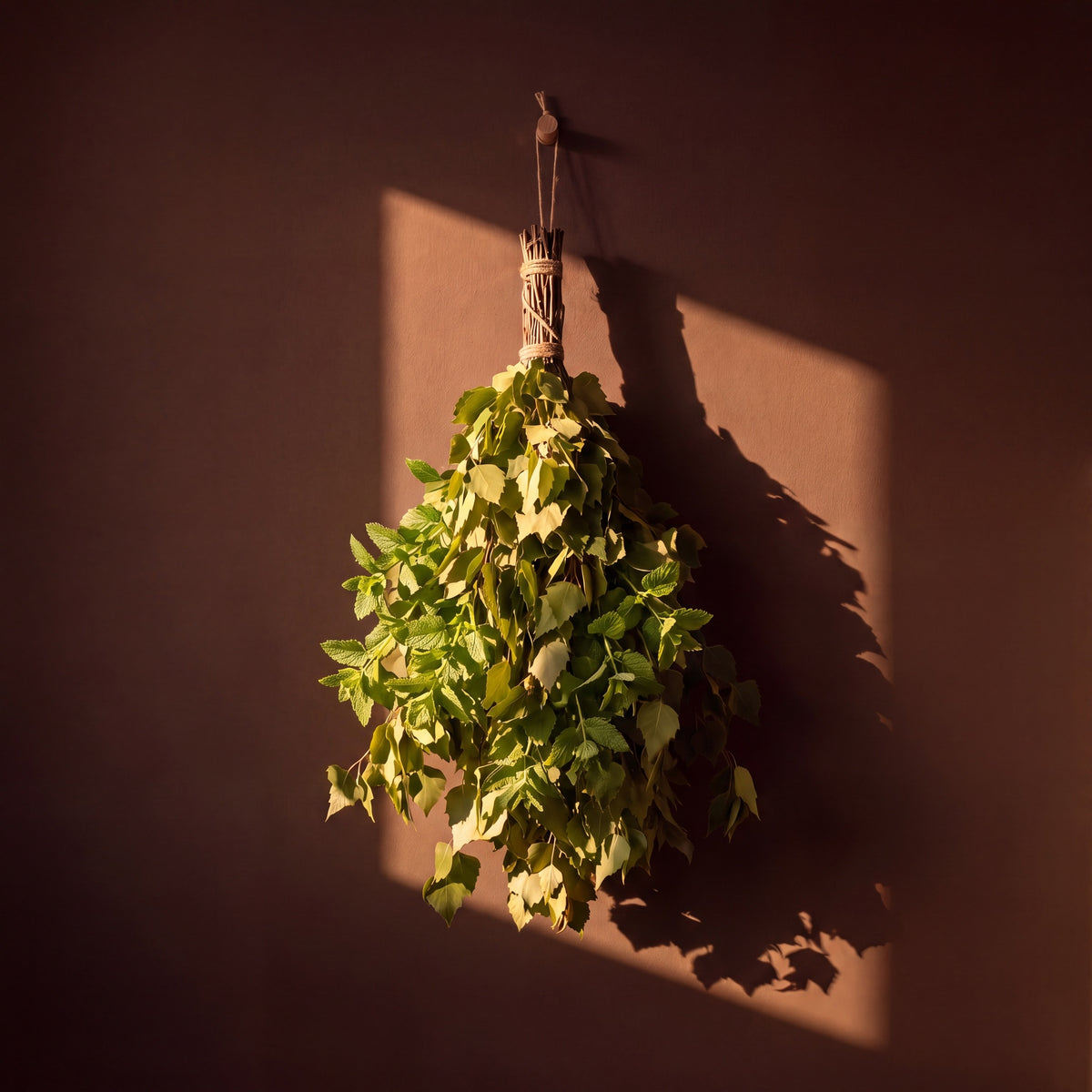 Sauna Whisk Birch & Lemon Balm - lifestyle in sunlight