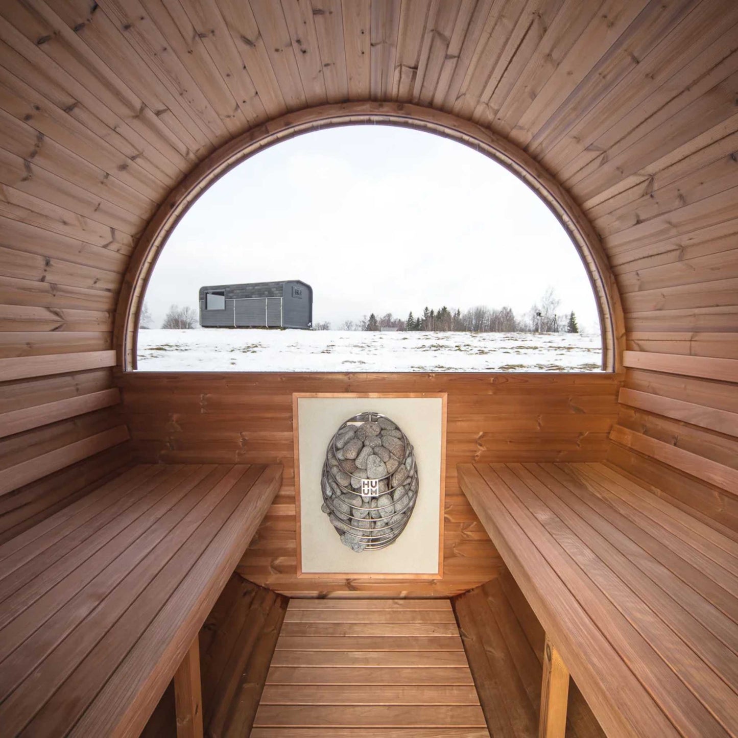 Thermo Wood Barrel Sauna - Small with Relaxation Terrace (L: 223 & ø: 194 cm) Barrel Sauna | Finnmark Sauna