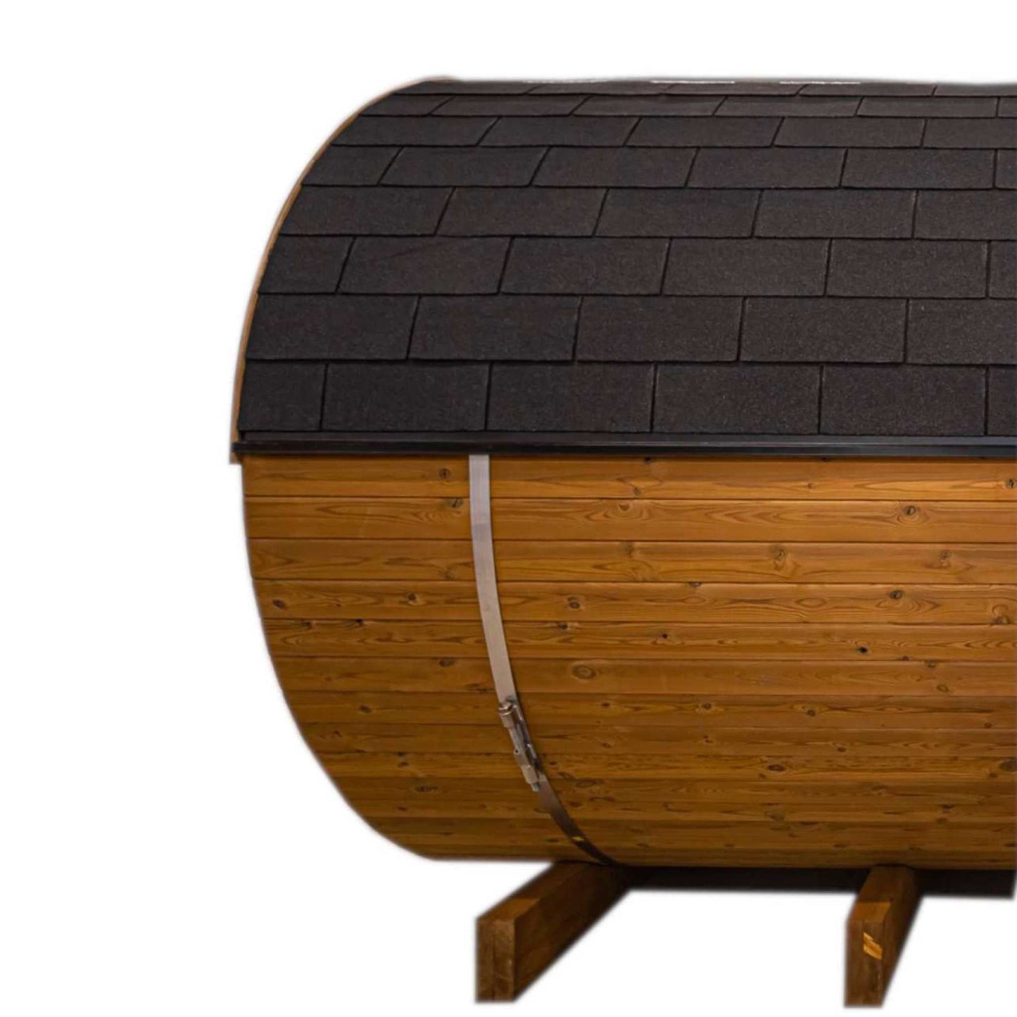 Thermo Wood Barrel Sauna - Small with Relaxation Terrace (L: 223 & ø: 194 cm) Barrel Sauna | Finnmark Sauna