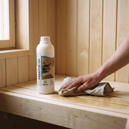 Sauna Paraffin Oil - Specialist Sauna Wood Treatment 0.5 Litre in use in a sauna