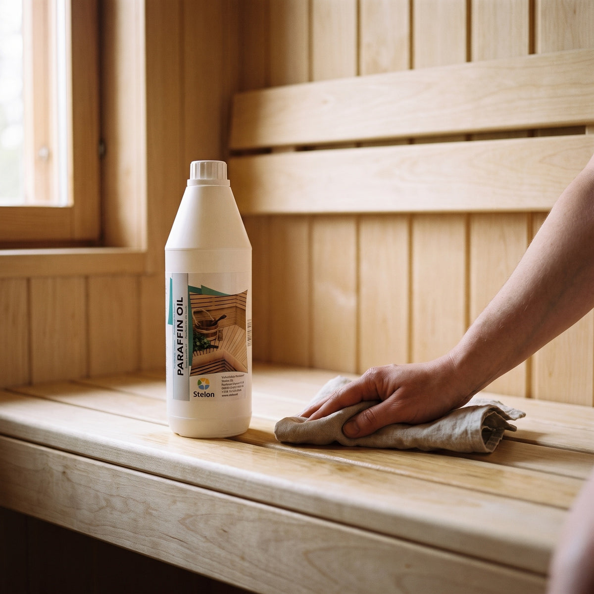 Sauna Paraffin Oil - Specialist Sauna Wood Treatment 1 Litre in use in a sauna