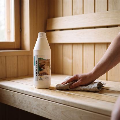 Sauna Paraffin Oil - Specialist Sauna Wood Treatment 1 Litre in use in a sauna