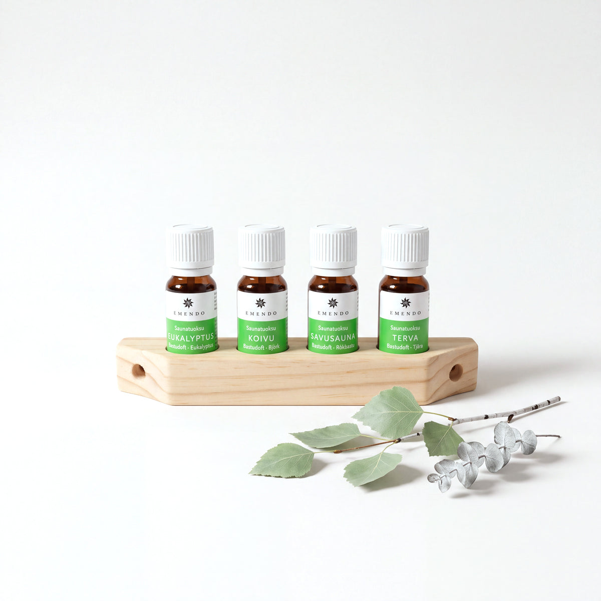 Emendo Sauna Scent Wall Rack (4 x 10ml) with birch twig and eucalyptus