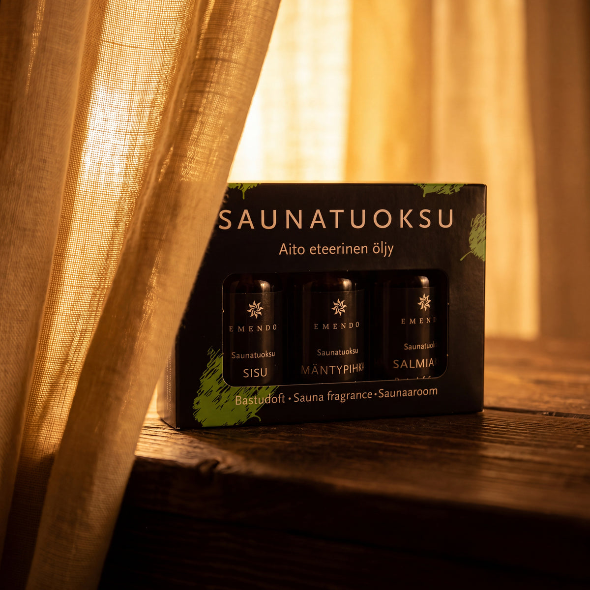 Emendo Black Sauna Scent Set (3 x 10ml) - lifestyle by linen curtain