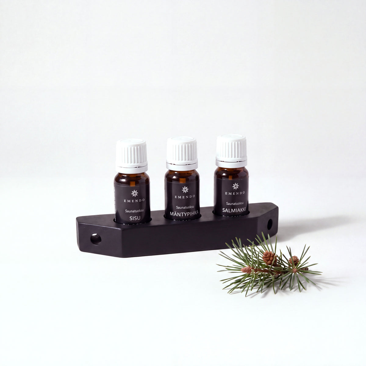 Emendo Black Sauna Scent Wall Rack Set (3 x 10ml) with pine sprig