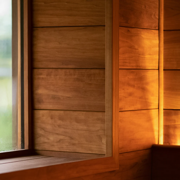 Close-up of wooden paneling with a window on a blurred natural background