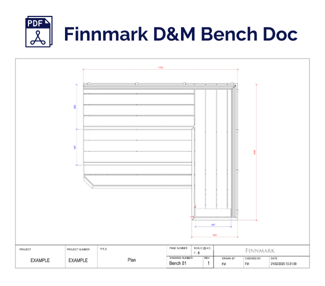Technical drawing of a bench labeled 'Finnmark D&M Bench Doc' on a white background.