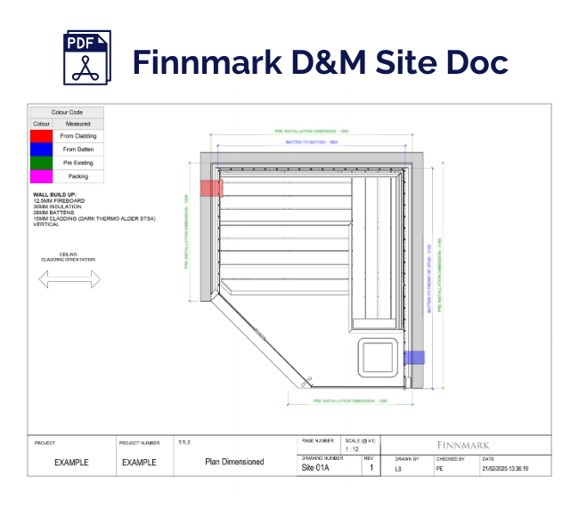 Technical drawing of a door with color codes and dimensions, labeled 'Finnmark D&M Site Doc'.