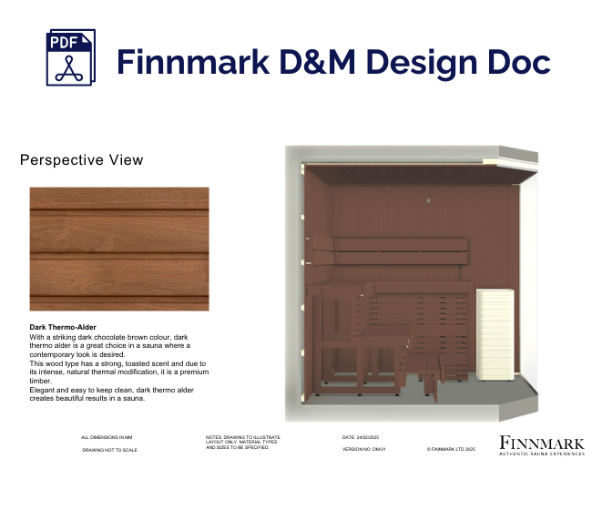 Finnmark D&M Design Doc with a wooden sauna design on a white background