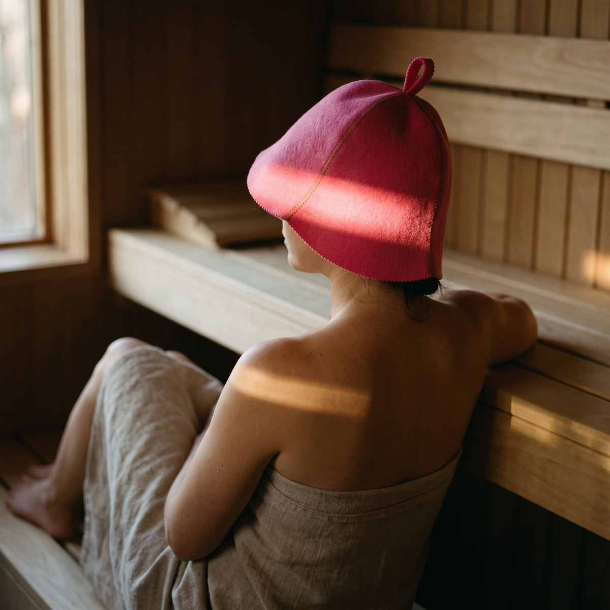 Traditional Lightweight Pink Felt Sauna Hat - worn