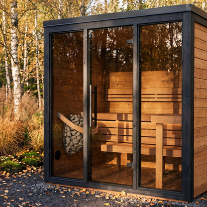 Fjelda Medium outdoor sauna, glazing framed in black painted spruce