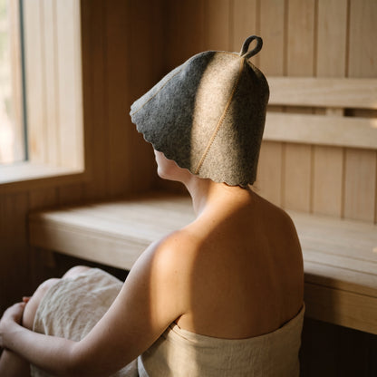 Traditional Grey Sauna Hat 100% Wool - worn