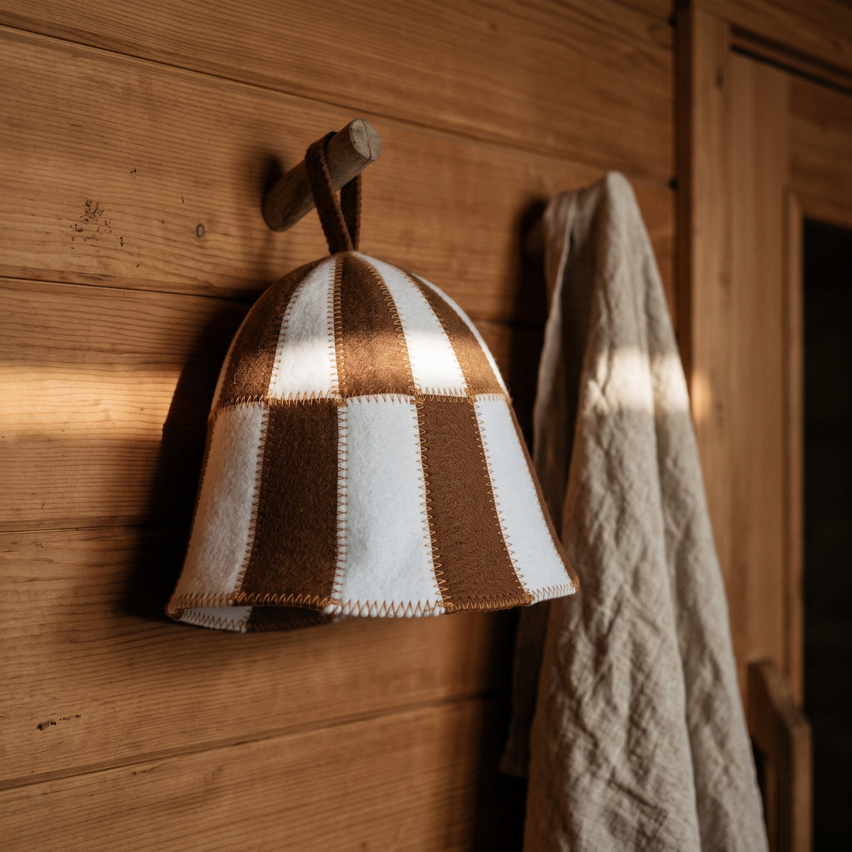 Sauna Hat Brown/White (Polyester Felt) - hanging on a sauna peg