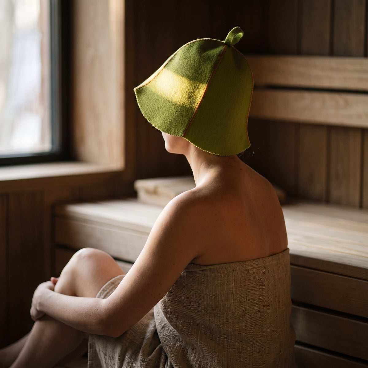 Traditional Lightweight Green Felt Sauna Hat - worn