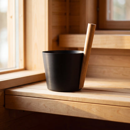 Rento 5l Anodised Aluminium Sauna Pail in Black - in the sauna