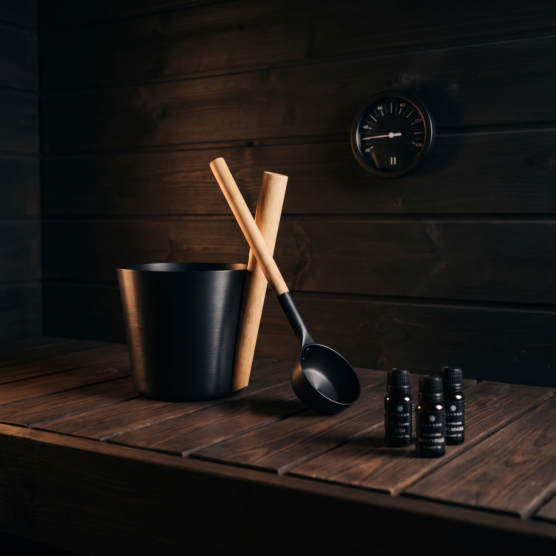 A black metal sauna bucket with two wooden-handled ladles resting inside, alongside three small black bottles, set on a dark wooden table against a dark wood-paneled wall.