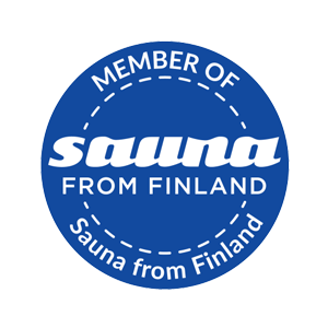 Blue badge with 'Member of Sauna from Finland' text on a white background