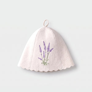 White Felt Sauna Hat with Lavender Embroidery