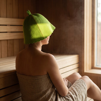 Traditional Green Sauna Hat (100% Wool) - worn