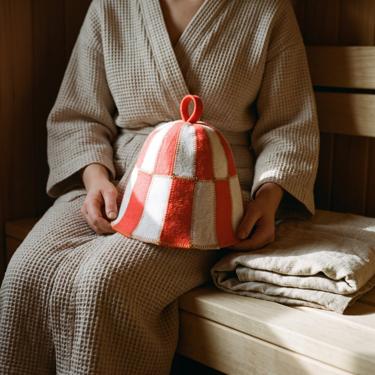 Sauna Hat Red/White (Polyester Felt) - held in hands