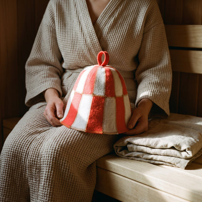 Sauna Hat Red/White (Polyester Felt) - held in hands