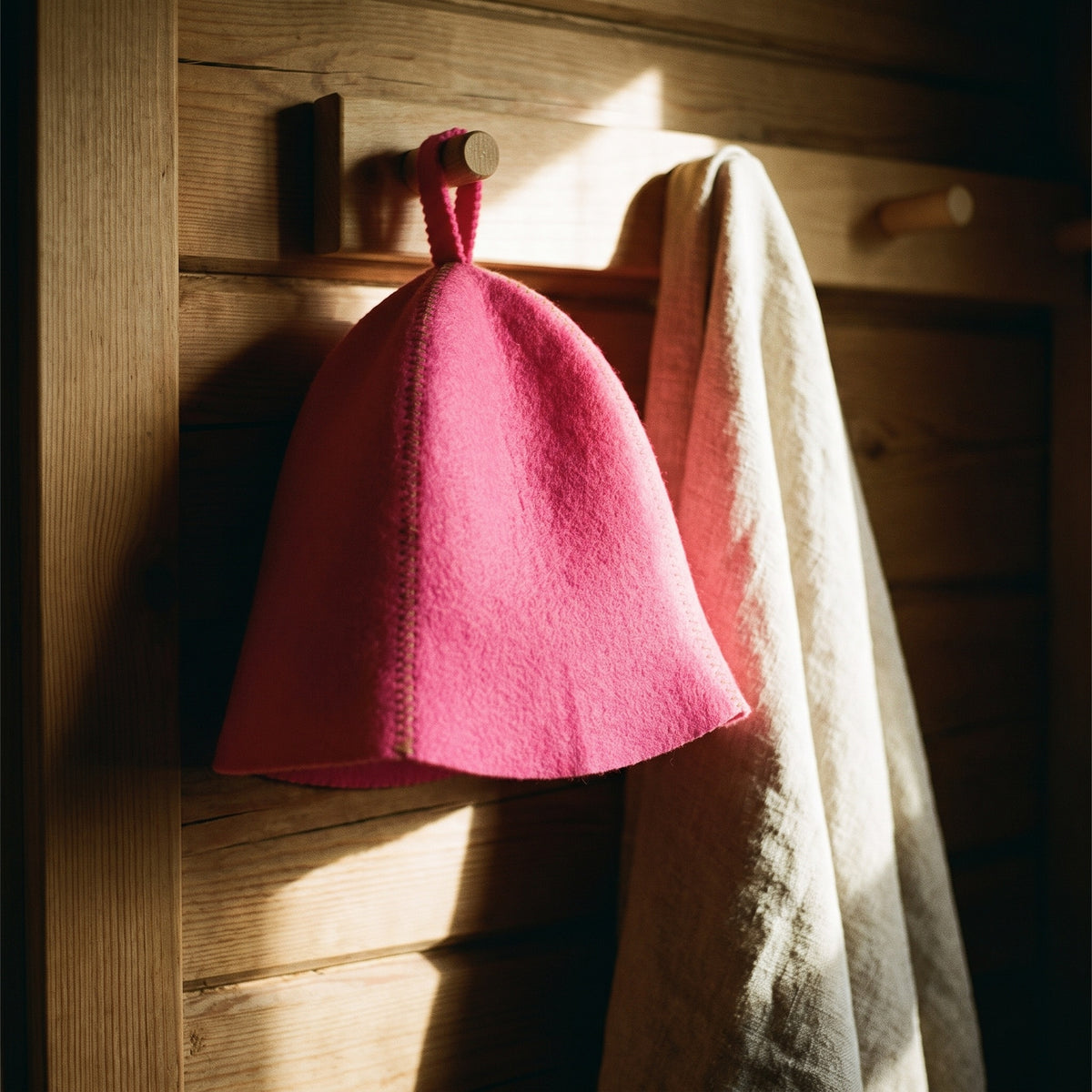 Traditional Lightweight Pink Felt Sauna Hat - hanging on a sauna peg