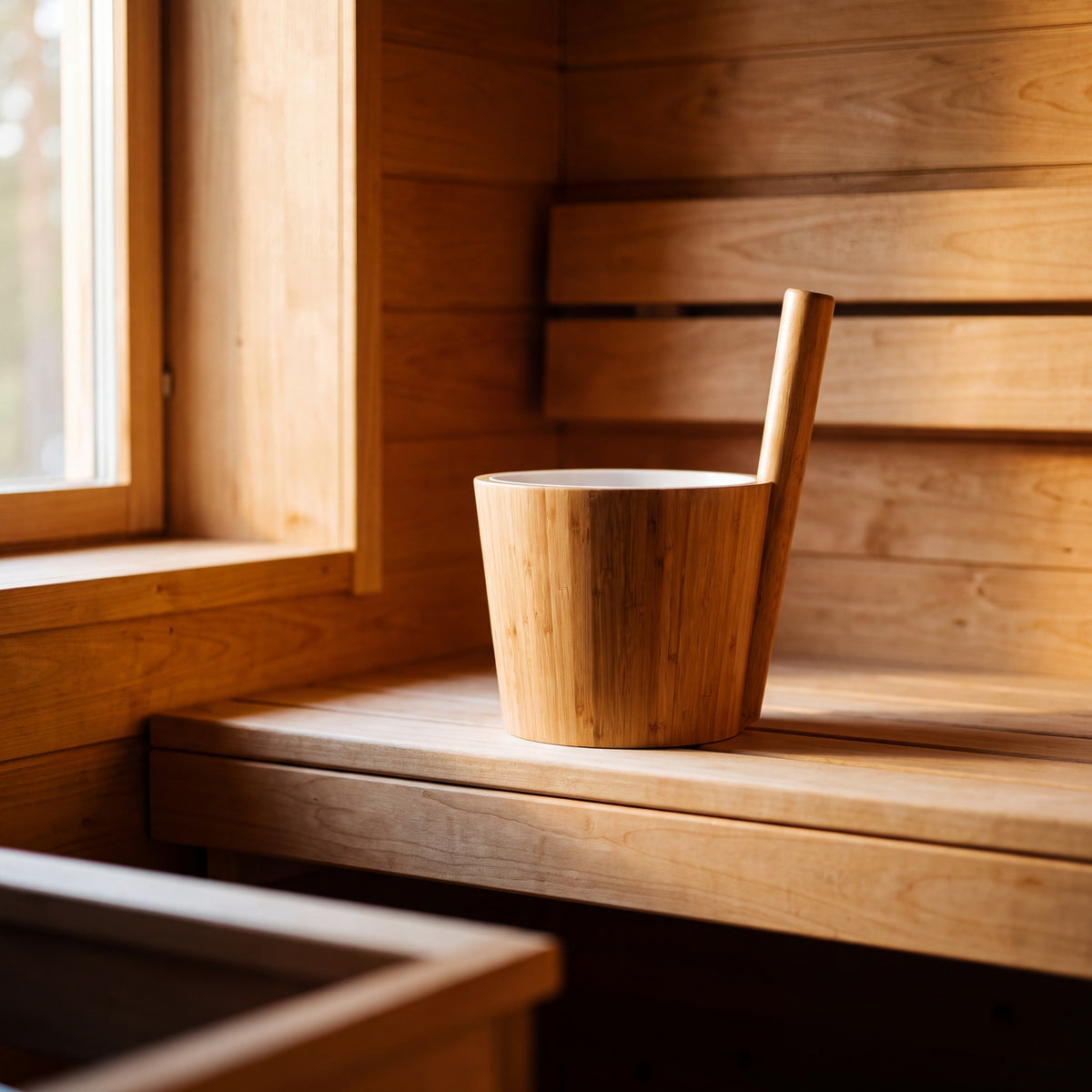 Rento Bamboo Duo Sauna Bucket 5 Litre - white insert in the sauna