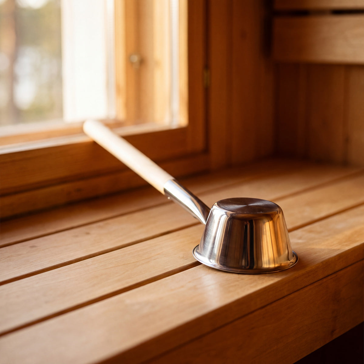 Rento x Harri Koskinen Glossy Steel Sauna Ladle - in the sauna