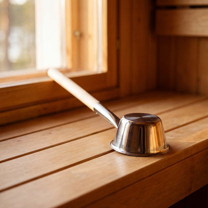 Rento x Harri Koskinen Glossy Steel Sauna Ladle - in the sauna