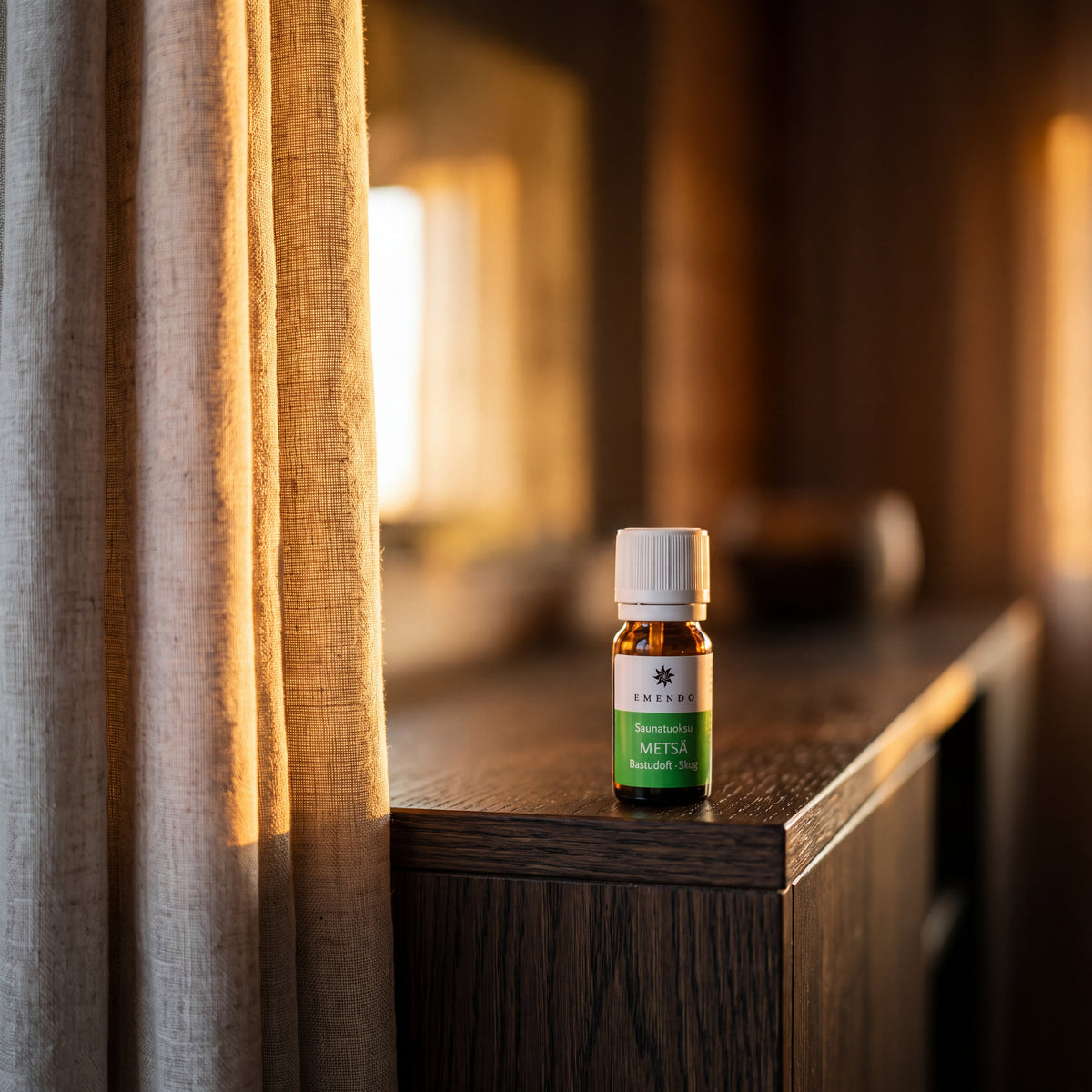 Emendo Forest Sauna Scent (10ml) - lifestyle by linen curtain