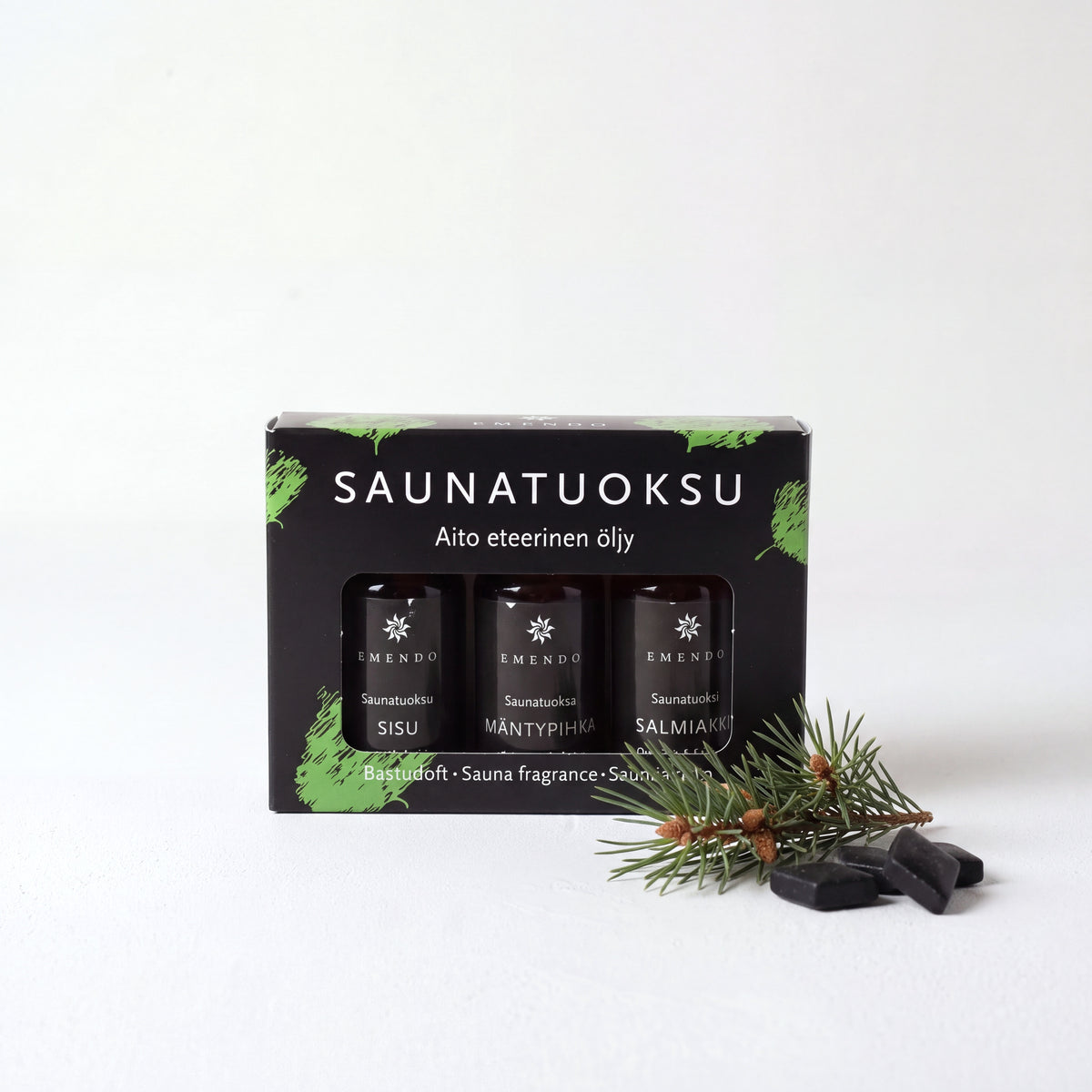 Emendo Black Sauna Scent Set (3 x 10ml) with pine sprig and salmiakki