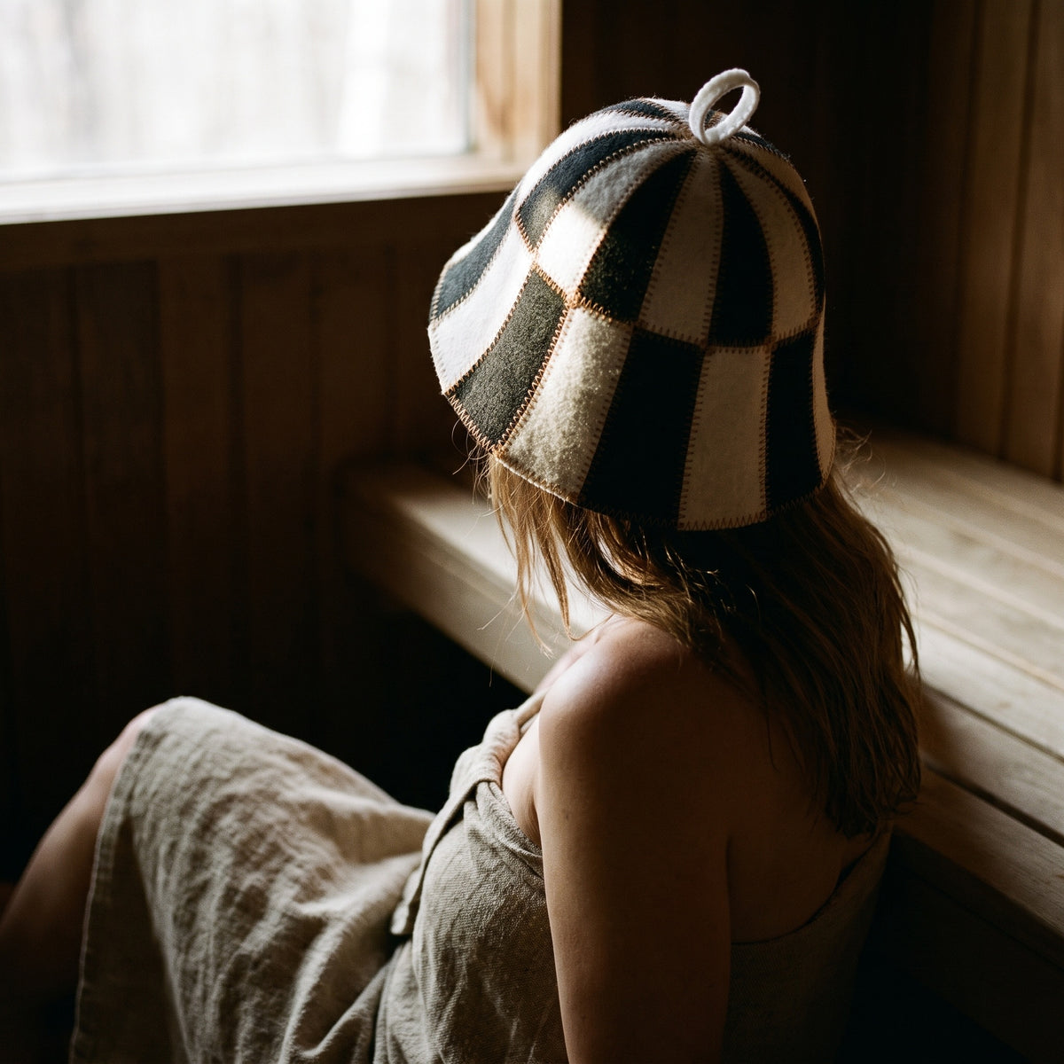 Sauna Hat Black/White (Polyester Felt) - worn
