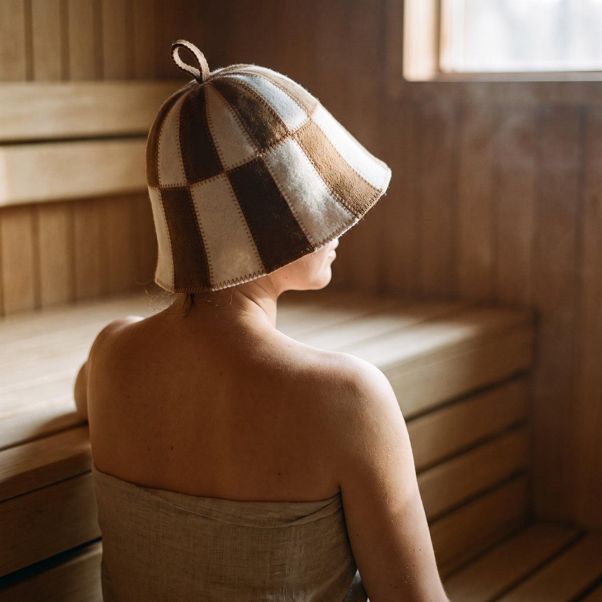 Sauna Hat Brown/White (Polyester Felt) - worn