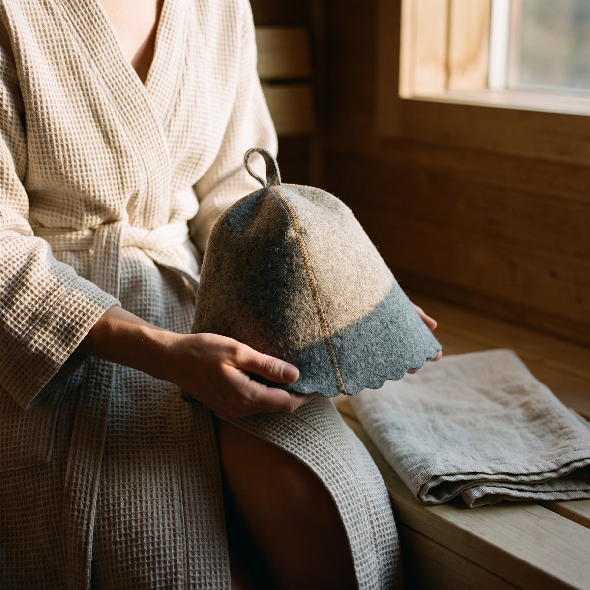 Traditional Grey Sauna Hat 100% Wool - held in hands